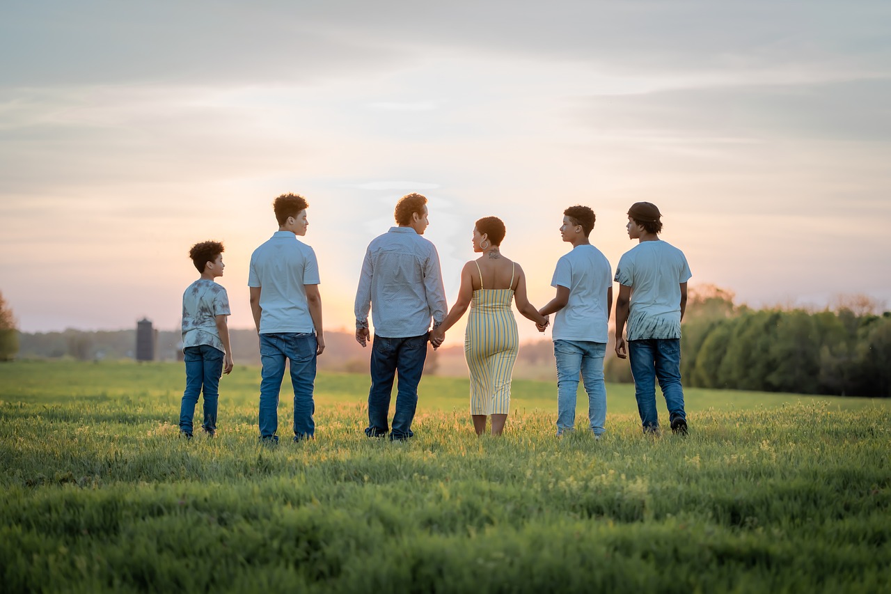 family, sunset, field