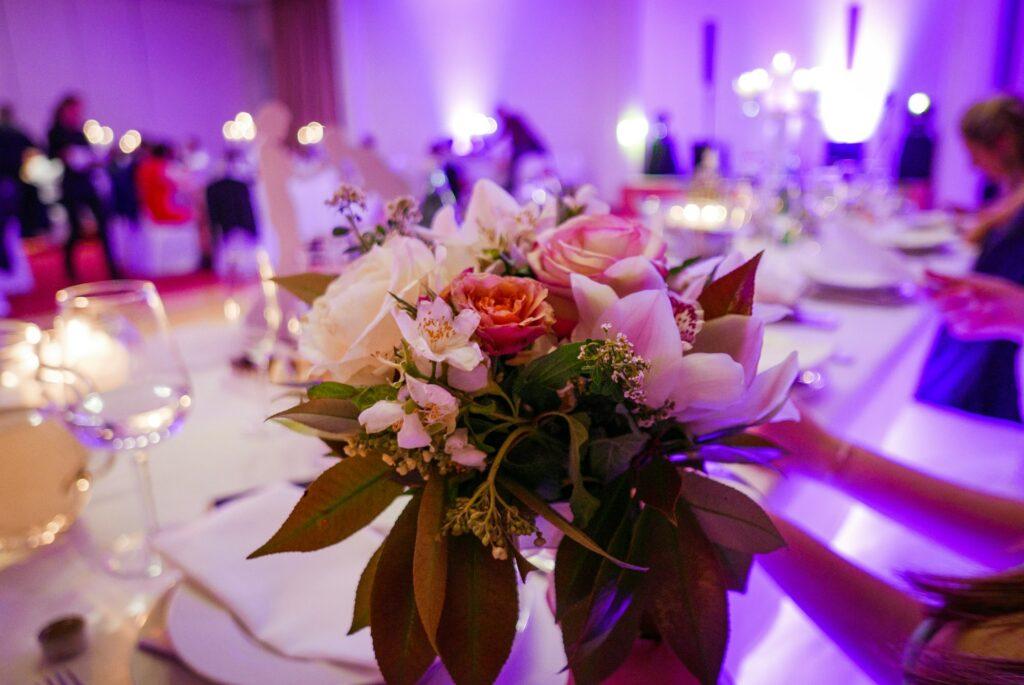 Close-up image of wedding bouquet at wedding reception.