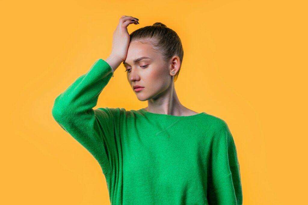 Worried confused woman, no, she forgot.Girl feeling sorrow,regret,drama, failure